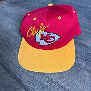Vintage 90s Kansas City Chiefs AJD Script NFL Snapback Hat Red Yellow Logo